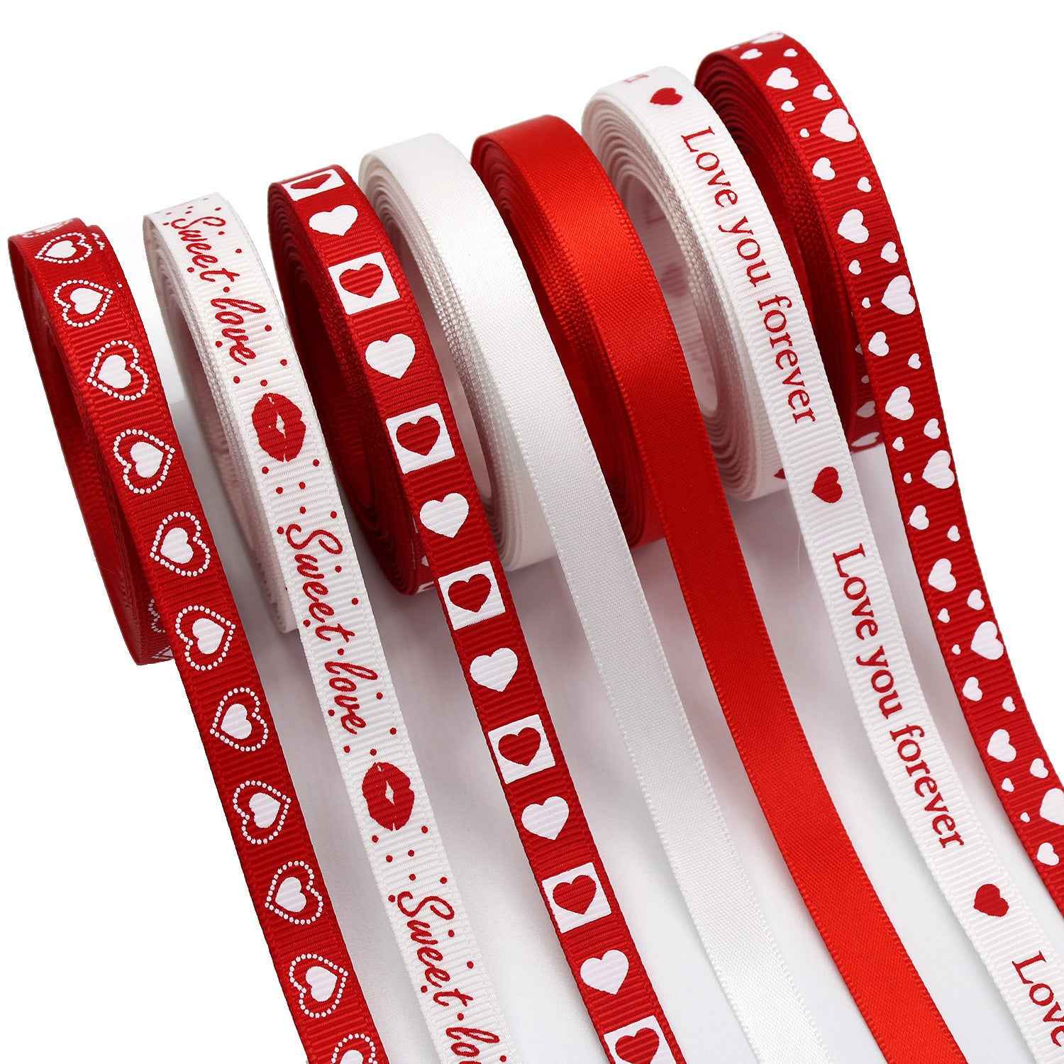 Valentine ribbon set (9mm): red and white rolls with hearts and love text patterns
