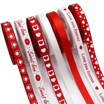 Valentine ribbon set (9mm): red and white rolls with hearts and love text patterns