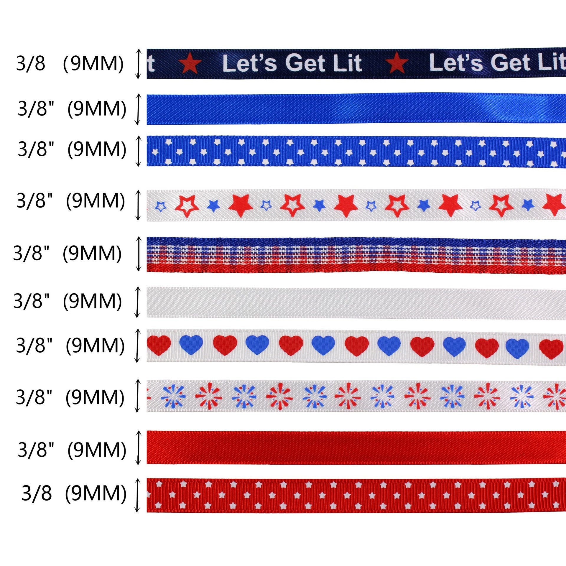Ribbons shown at 3/8 in (9mm) width with star, heart and striped designs