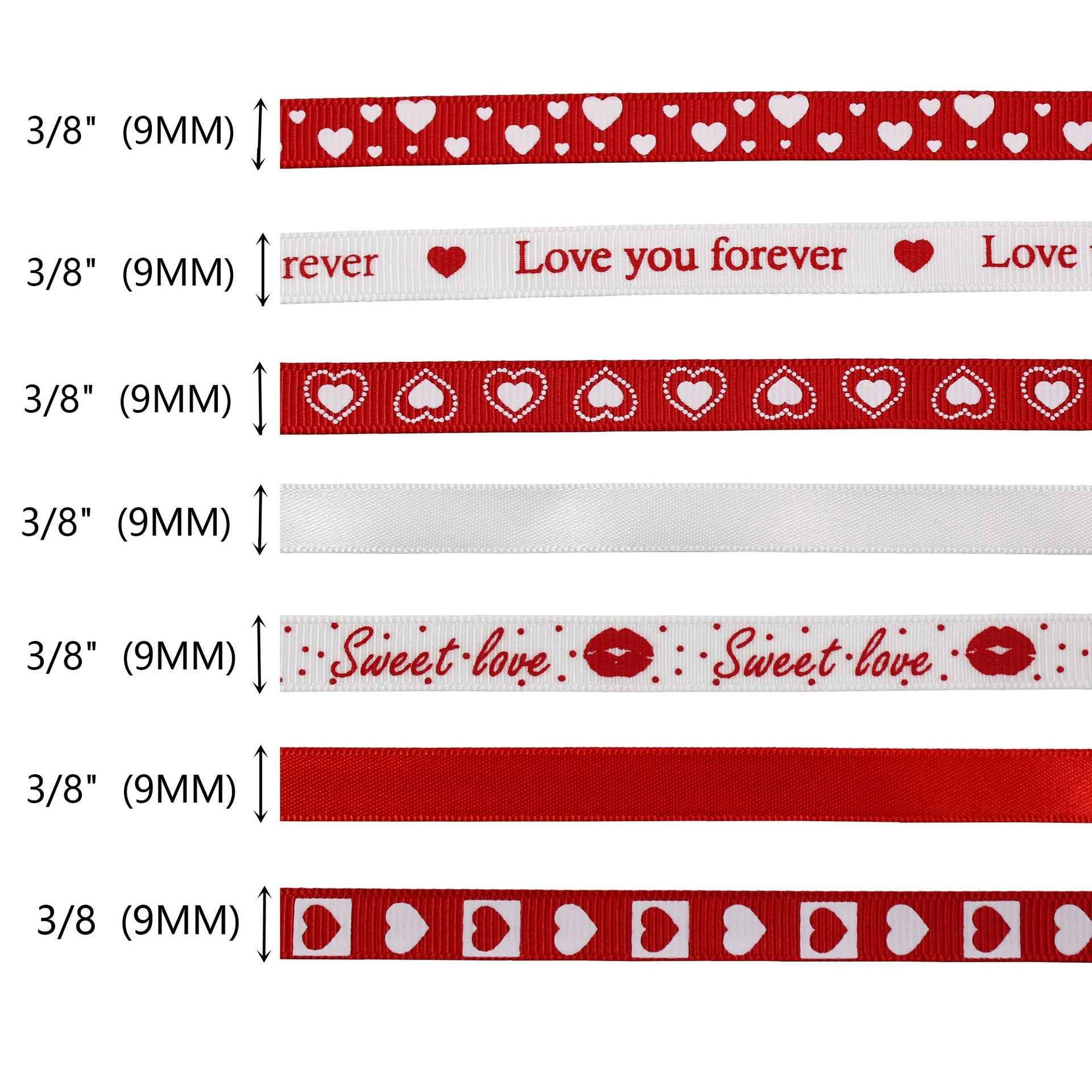 9mm ribbon widths shown: patterned red and white strips with hearts and wording