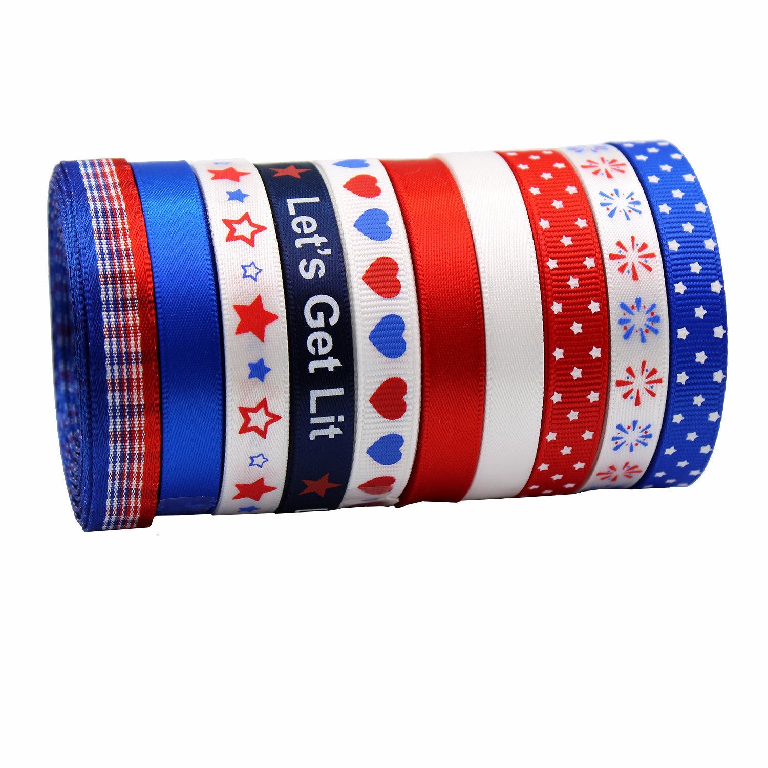 9mm ribbon roll in red/white/blue with stars, hearts, “Let’s Get Lit”