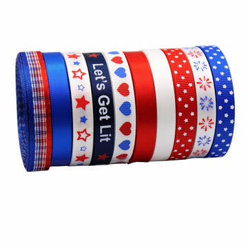 9mm ribbon roll in red/white/blue with stars, hearts, “Let’s Get Lit”