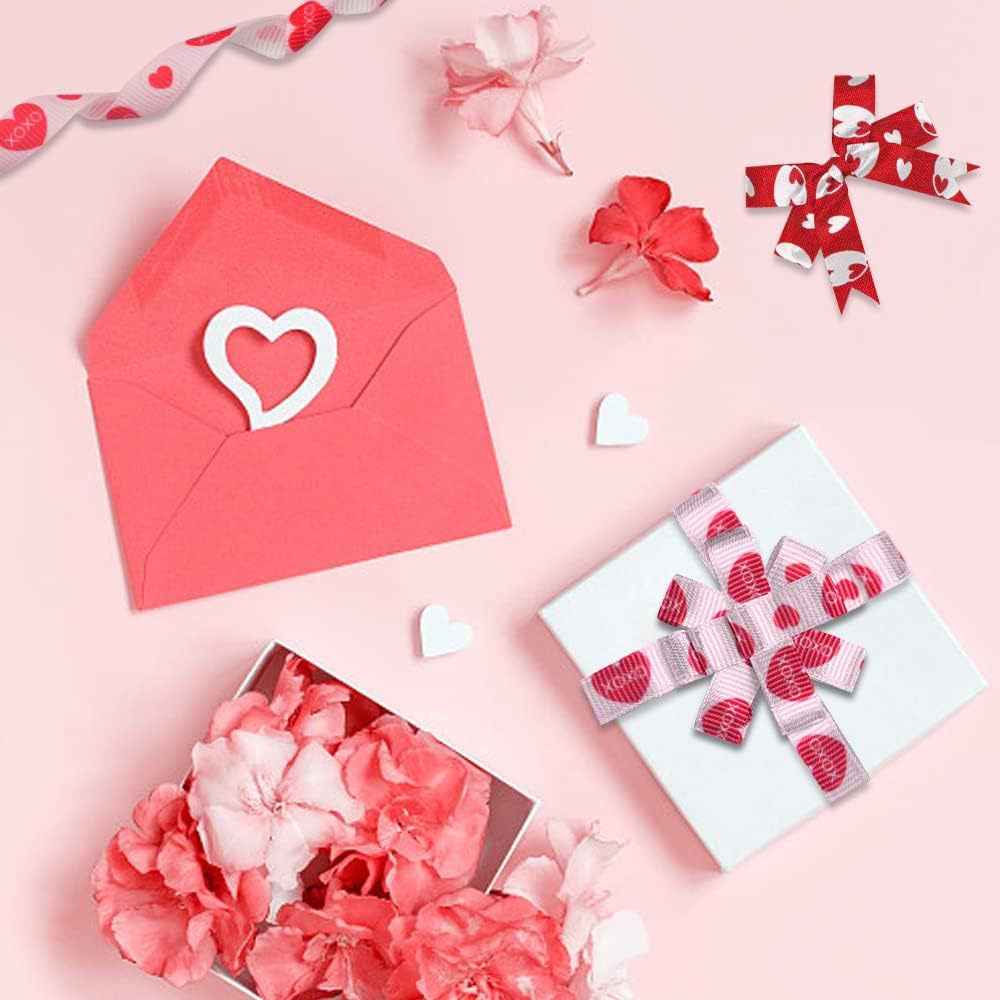 Valentine gift ribbon bow with heart-pattern ribbon and white/red coordinating ribbons