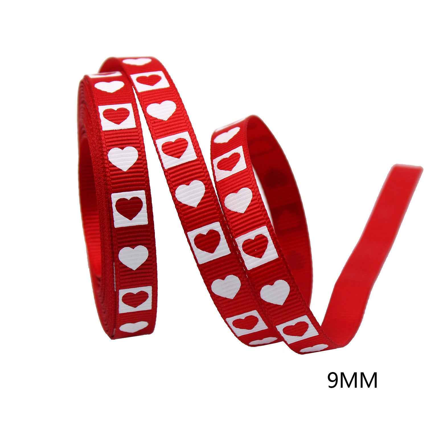 9mm red grosgrain ribbon with white heart squares and “Love you forever” text