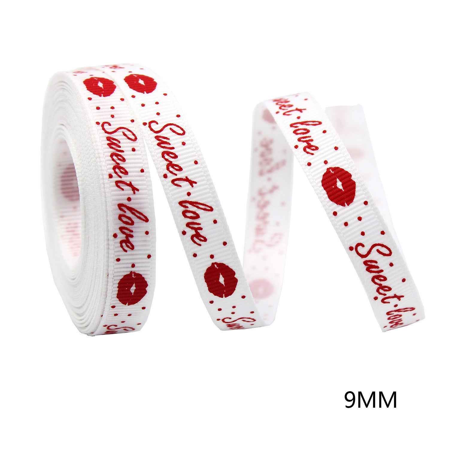 9mm white ribbon with red hearts and 'Sweetheart' style script, coiled and ribbon strip