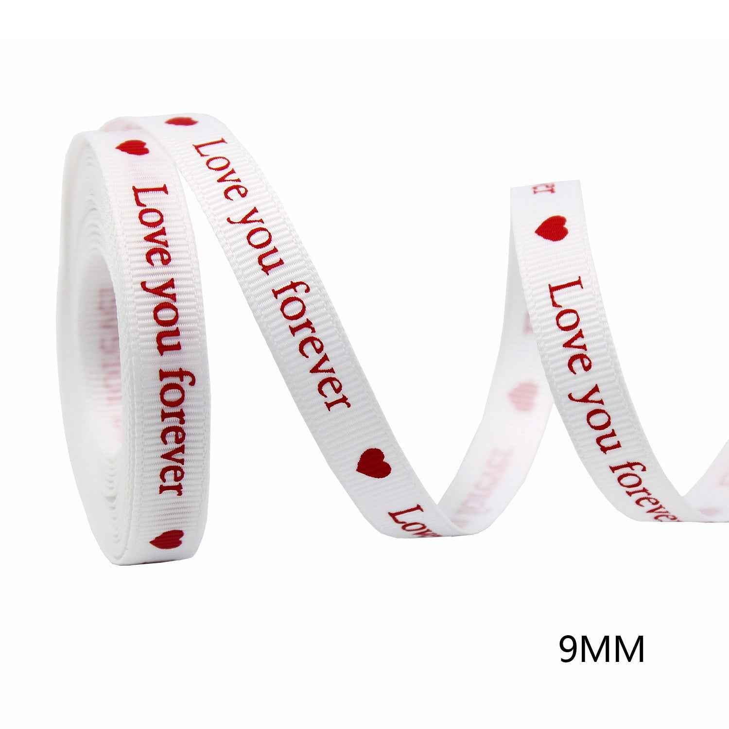 9mm white ribbon with red hearts and “Love you forever” lettering