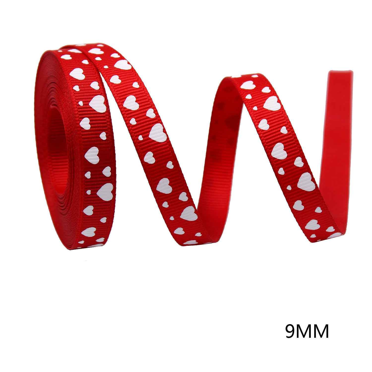 9mm red ribbon with white hearts and dotted accents, stacked rolls