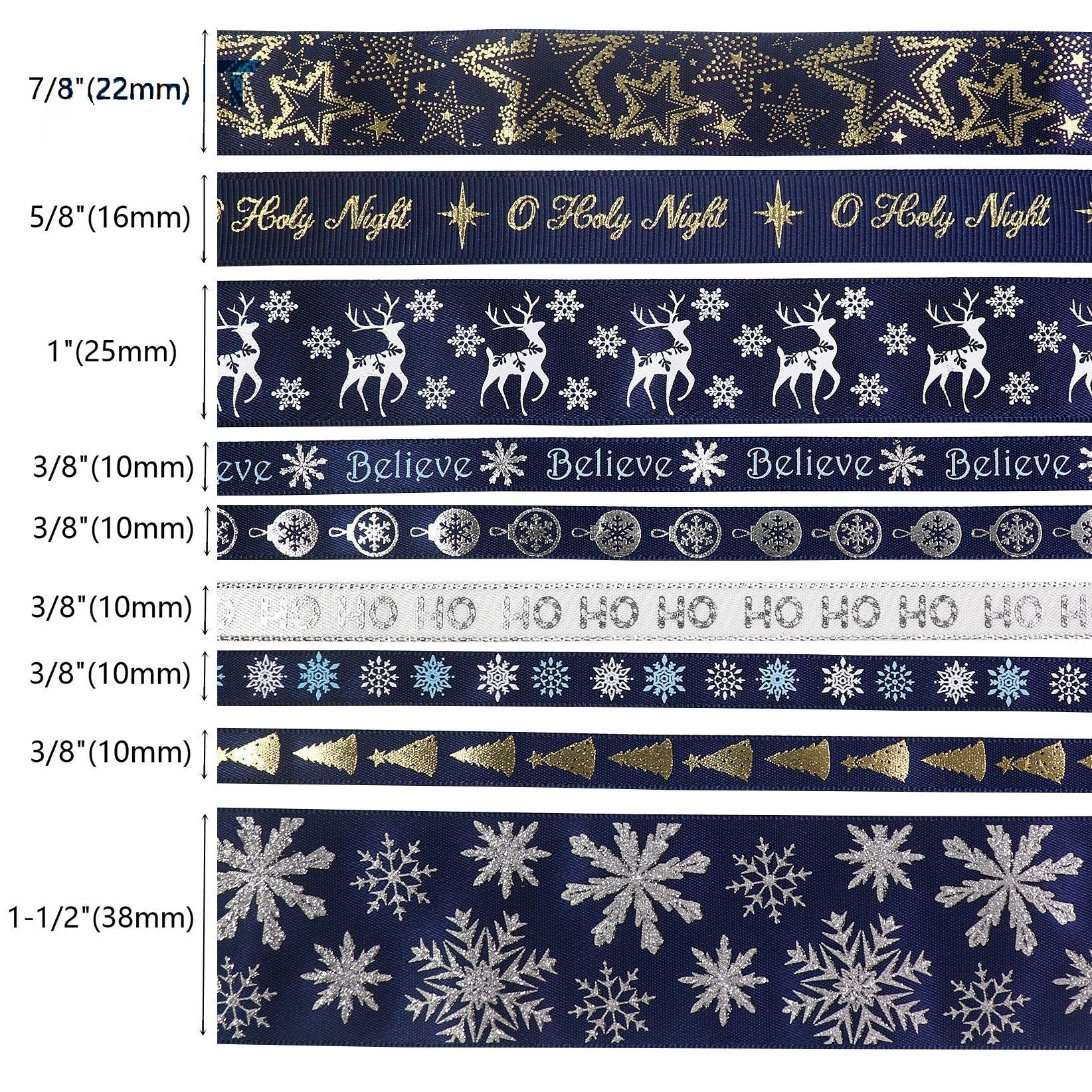 Ribbon width chart: 7/8, 5/8, 1, 3/8 bands with snowflake and “Believe/Holy Night” designs
