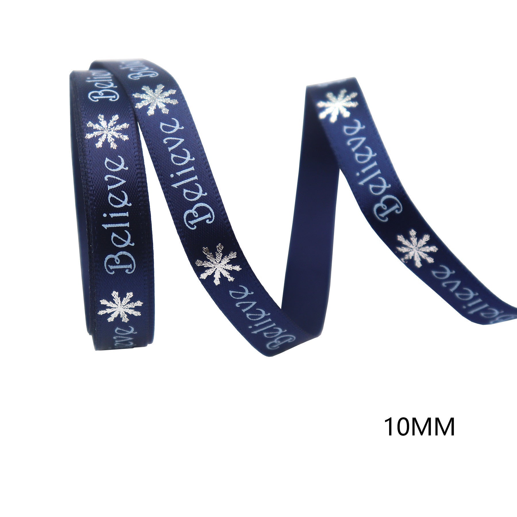 Navy Christmas ribbon with “O Holy Night” text and snowflakes, 10mm width