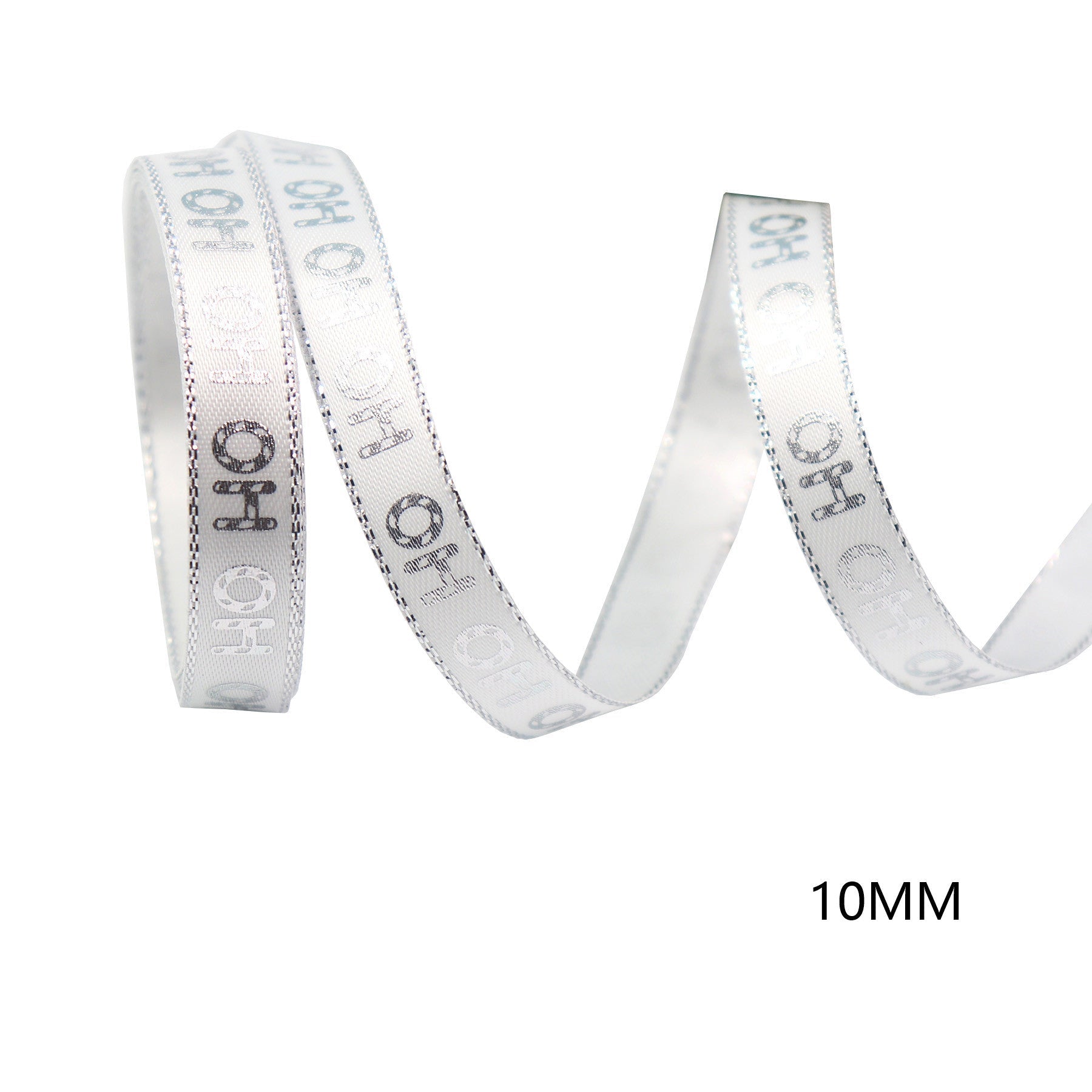 White Christmas ribbon with printed holiday text, 10mm width