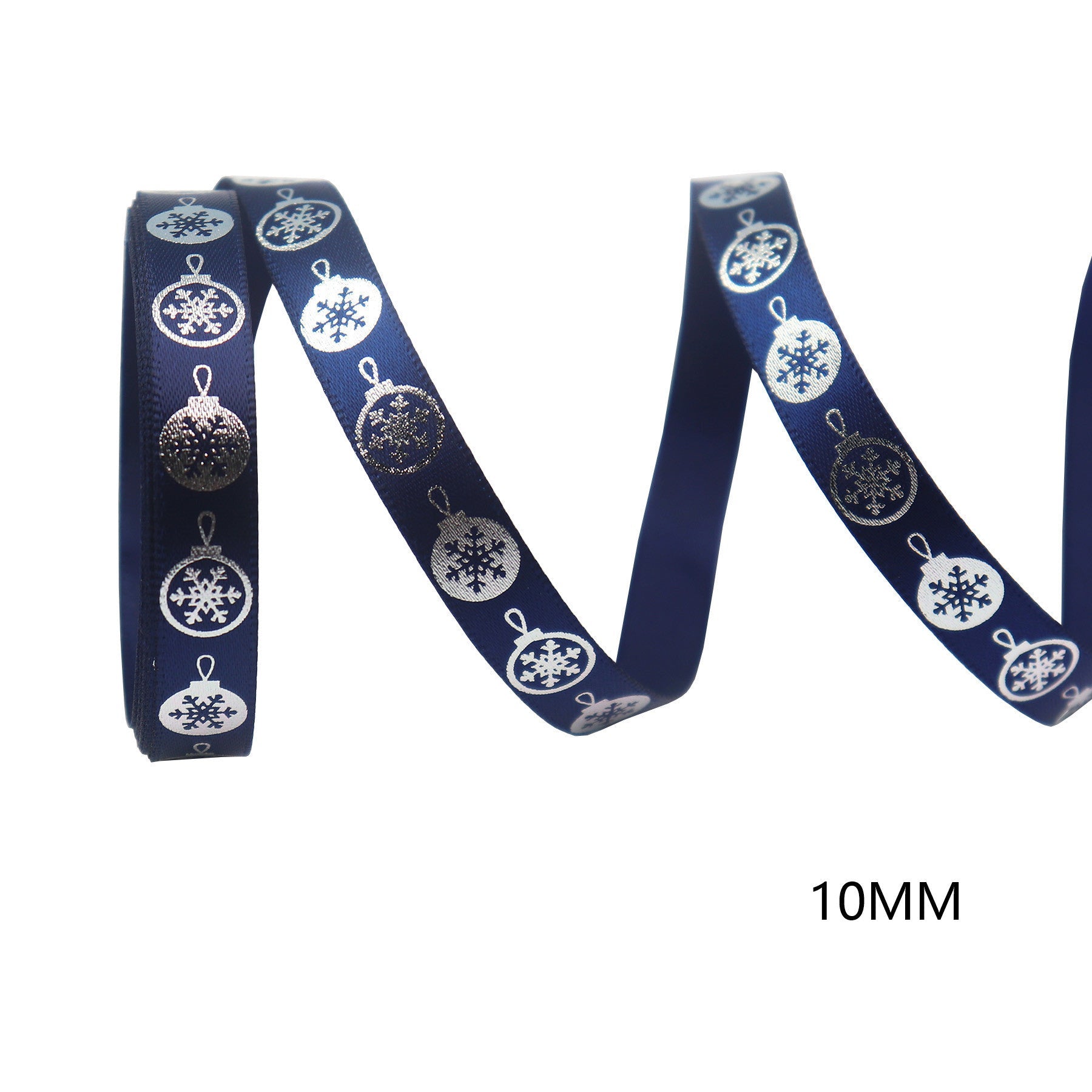 Navy Christmas ribbon with hanging ornament and snowflake print, 10mm width