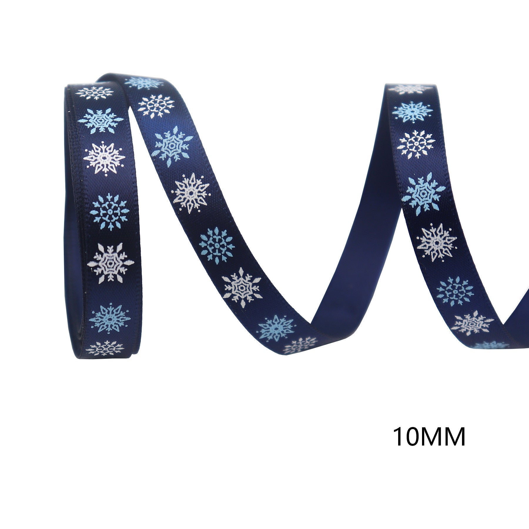 Navy Christmas ribbon with scattered light-blue snowflakes pattern, 10mm width