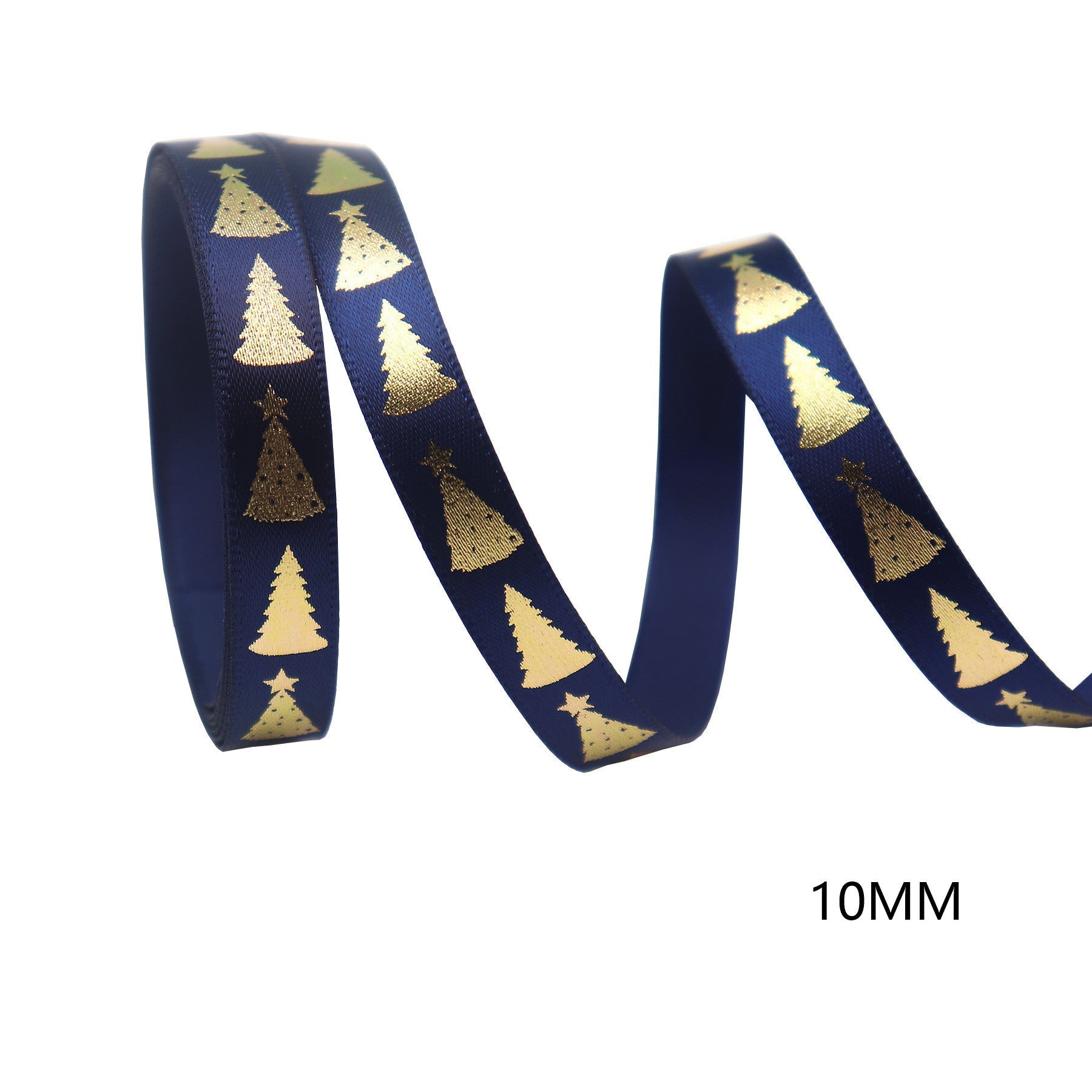 Navy Christmas ribbon with gold tree silhouettes and small stars, 10mm width
