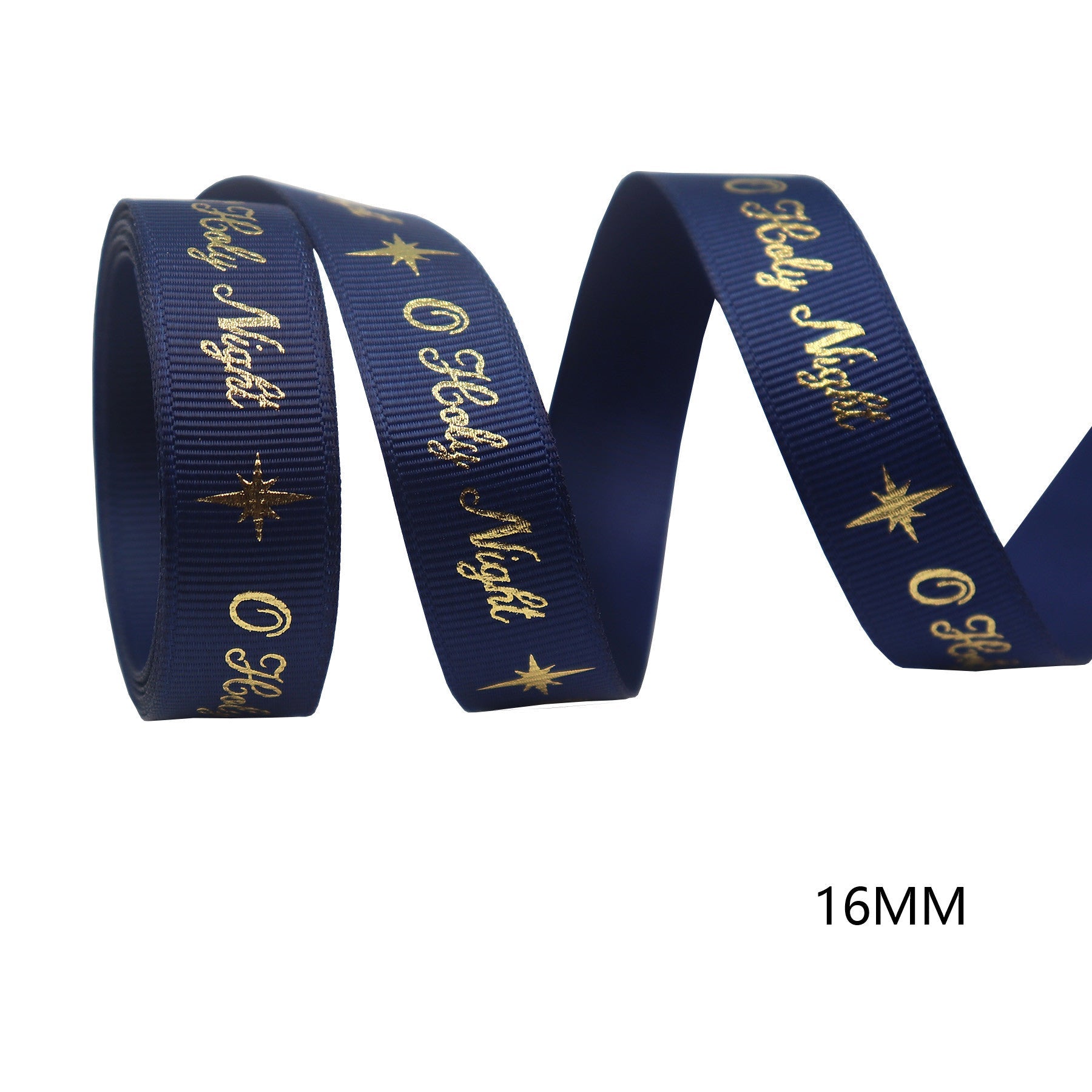 Navy Christmas ribbon with “O Holy Night” gold lettering and stars, 16mm width