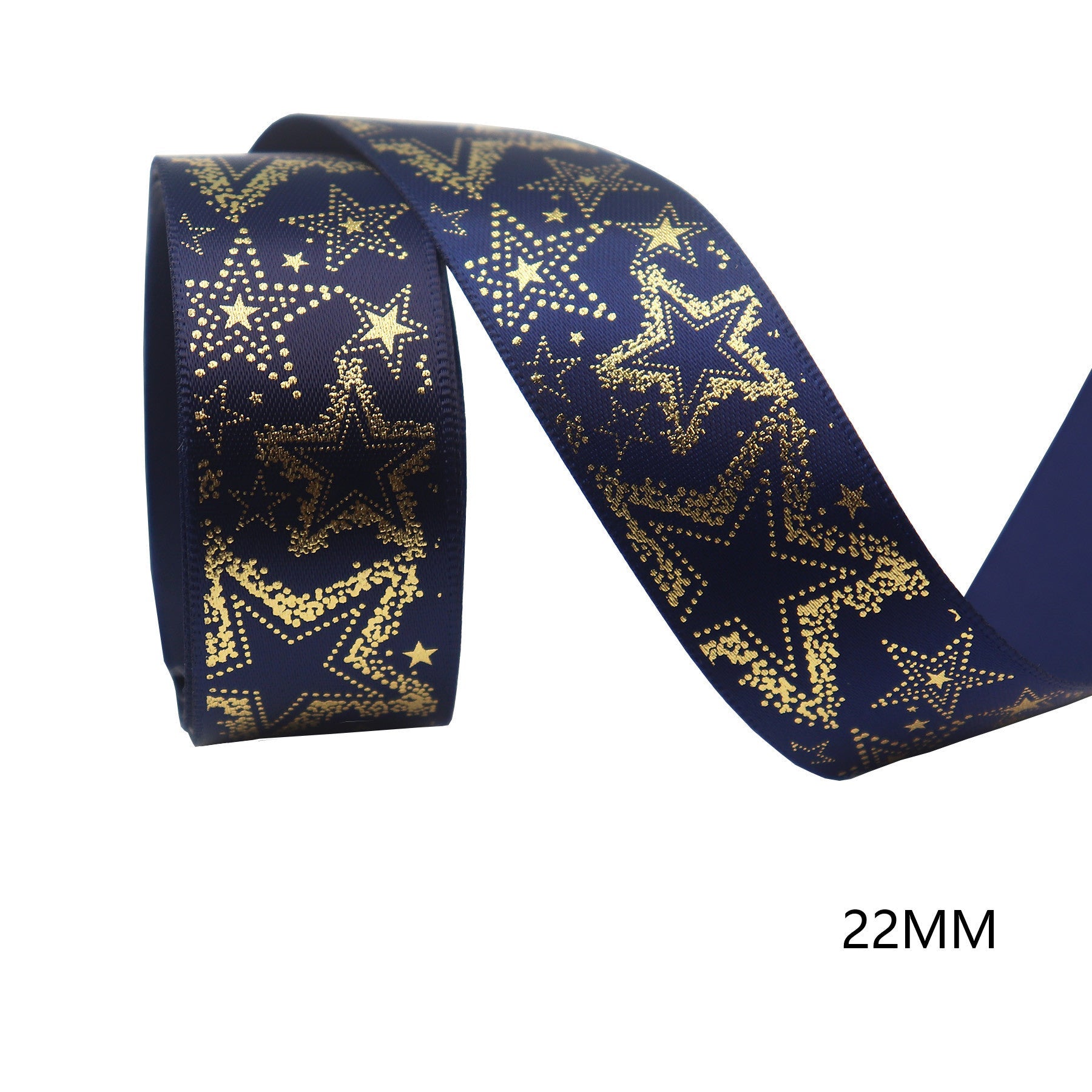 Christmas Blue Ribbons: dark blue satin ribbon with gold stars, 22mm width