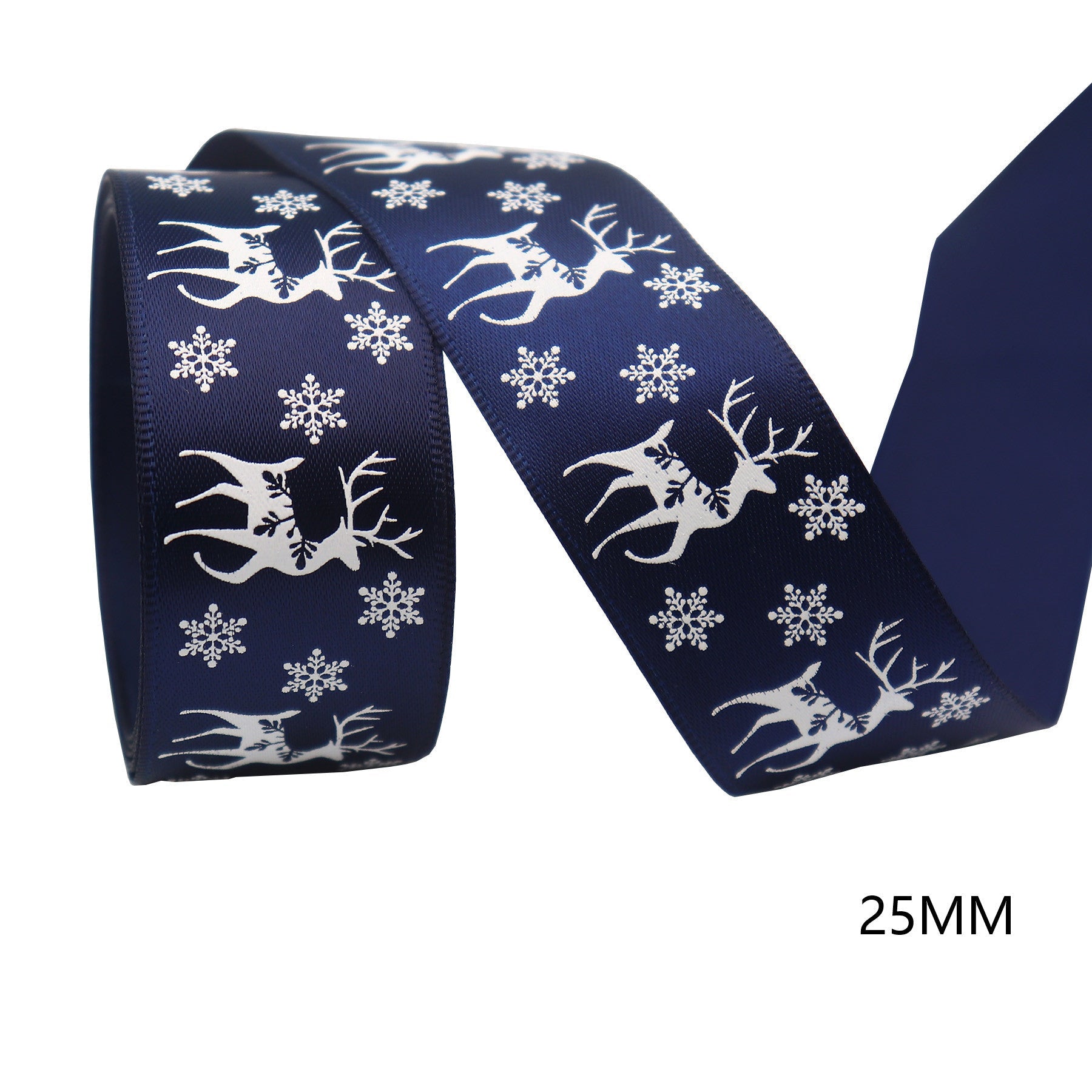 Christmas Blue Ribbons: dark blue satin ribbon with white reindeer & snowflakes, 25mm