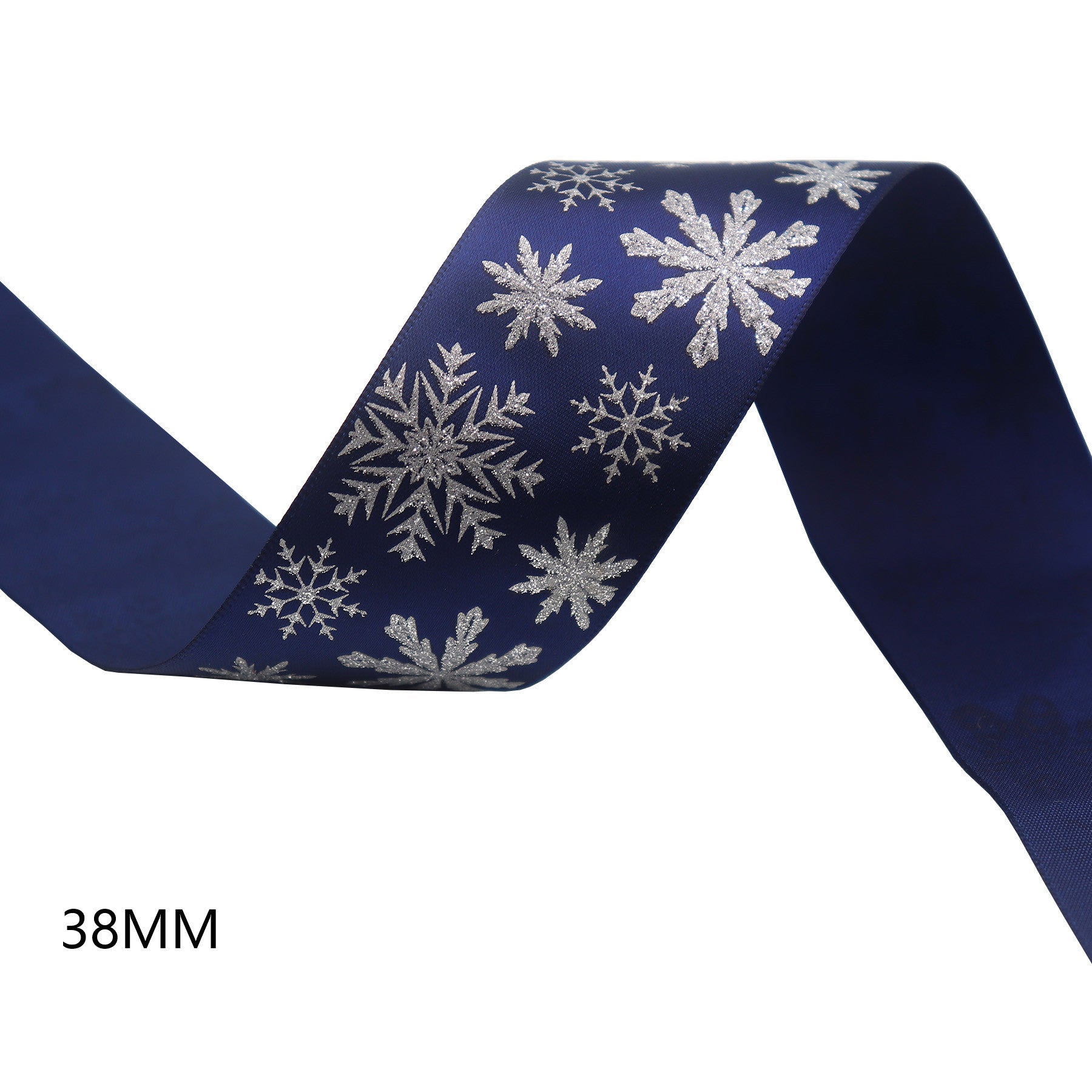 Christmas Blue Ribbons: dark blue satin ribbon with silver snowflakes, 38mm width