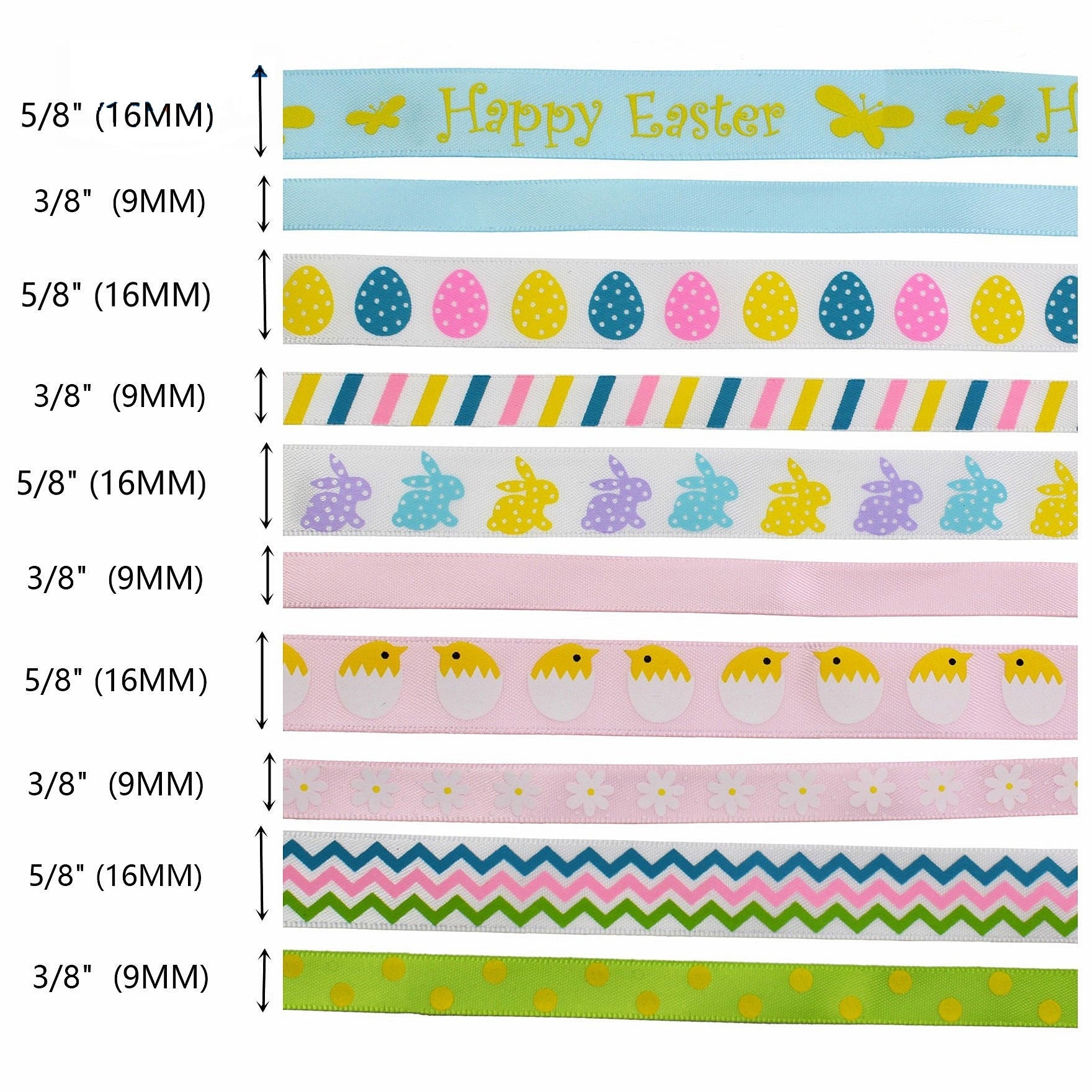 Measuring ribbon widths, stacked strips with Easter eggs, stripes, chevrons, dots