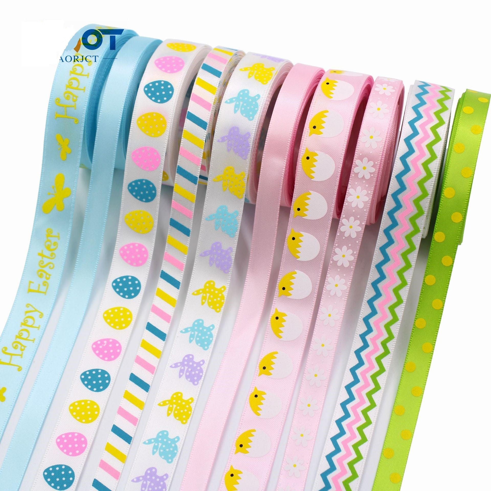 Easter gift ribbons 16mm assorted rolls: blue, pink, green, stripes and chicks