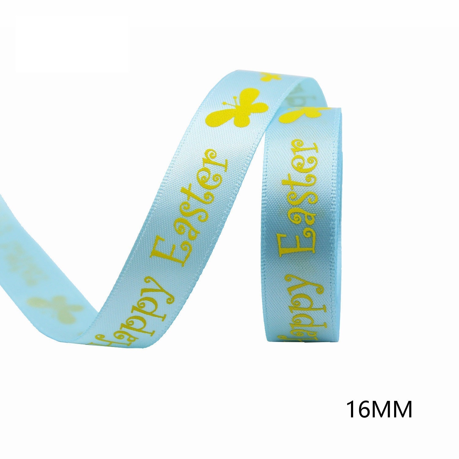 16mm light blue ribbon roll with 'Happy Easter' text and yellow bunny