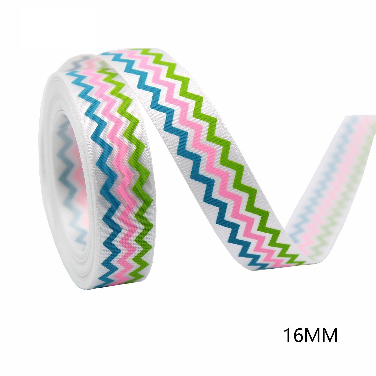 White 16mm Easter ribbon with colorful zigzag stripe pattern, textured weave