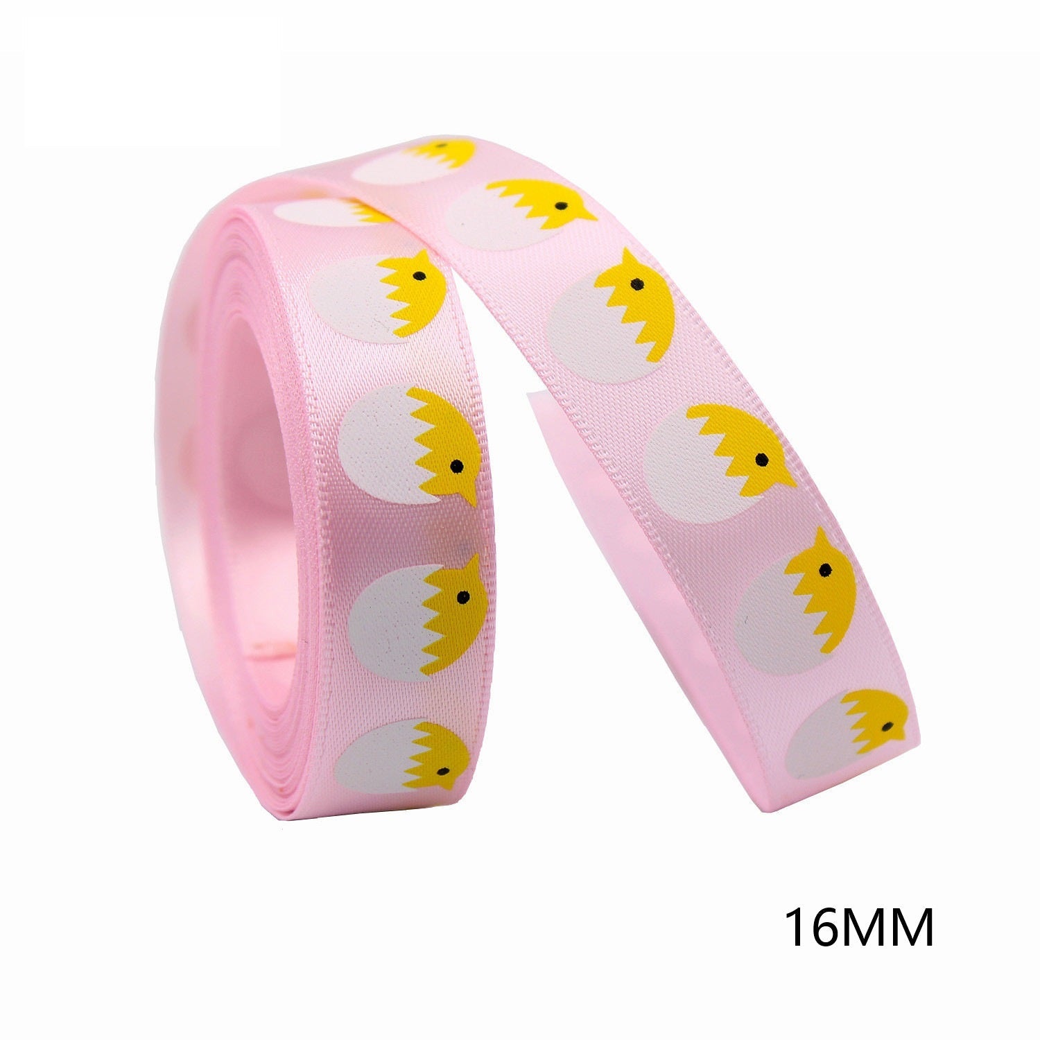 Pink 16mm Easter ribbon with repeating chick print, textured woven finish