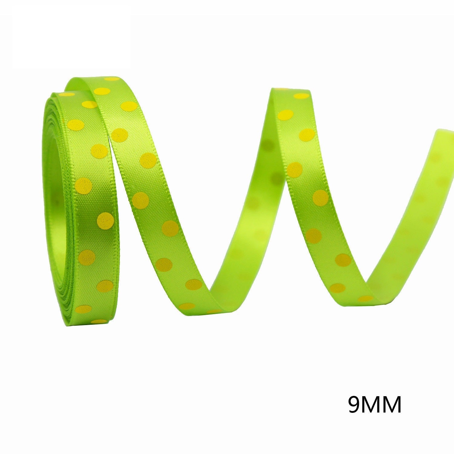 9mm green ribbon roll with yellow polka dots