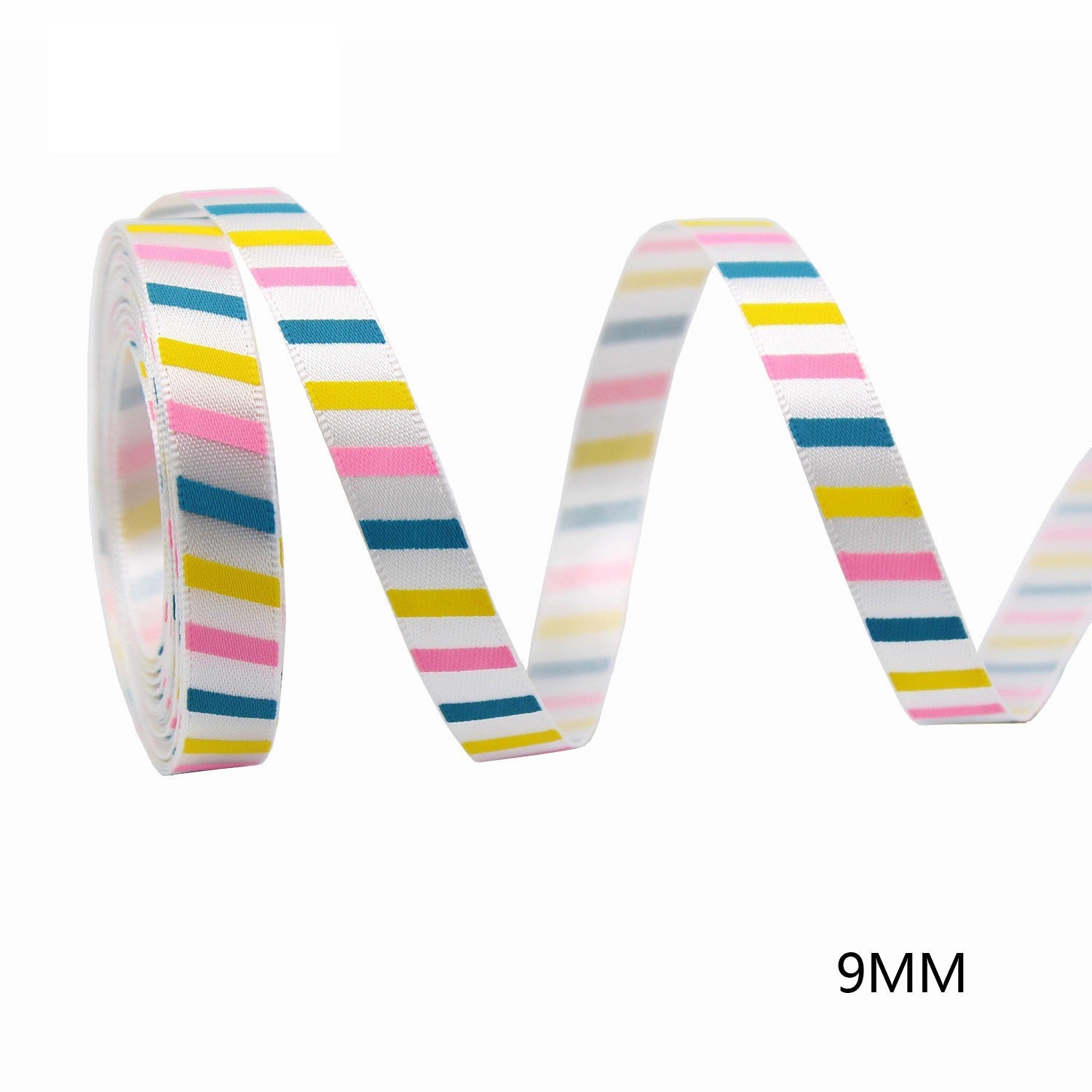 9mm striped ribbon roll in pink, blue, yellow, and white bands