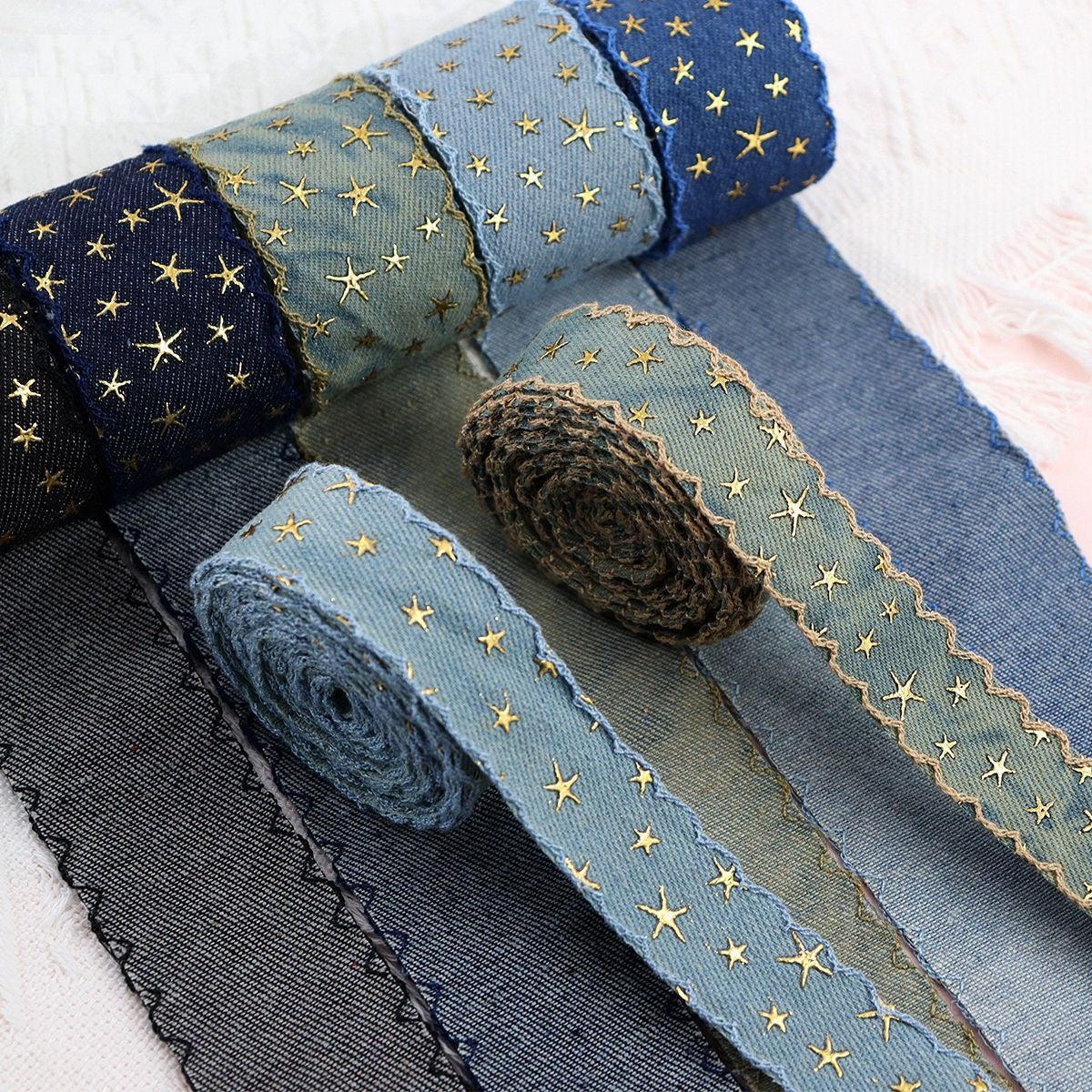 Vintage denim star embroidered ribbon, dark blue with gold star stitching
