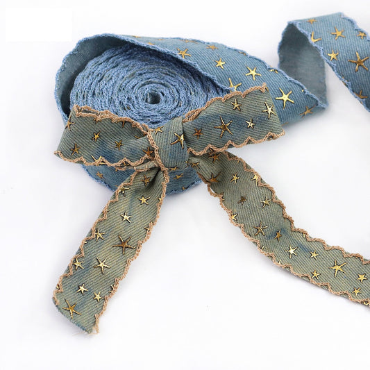 Vintage denim star embroidered ribbon roll, light blue wash with gold stars
