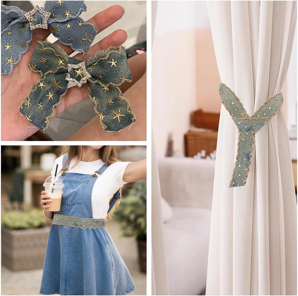 Star embroidered denim ribbon bow decoration on ribbon ends