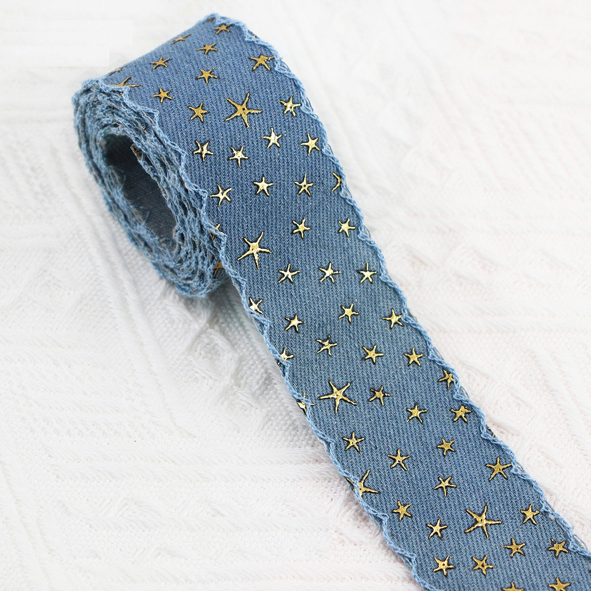 Vintage denim star embroidered ribbon roll, light blue denim with gold star pattern