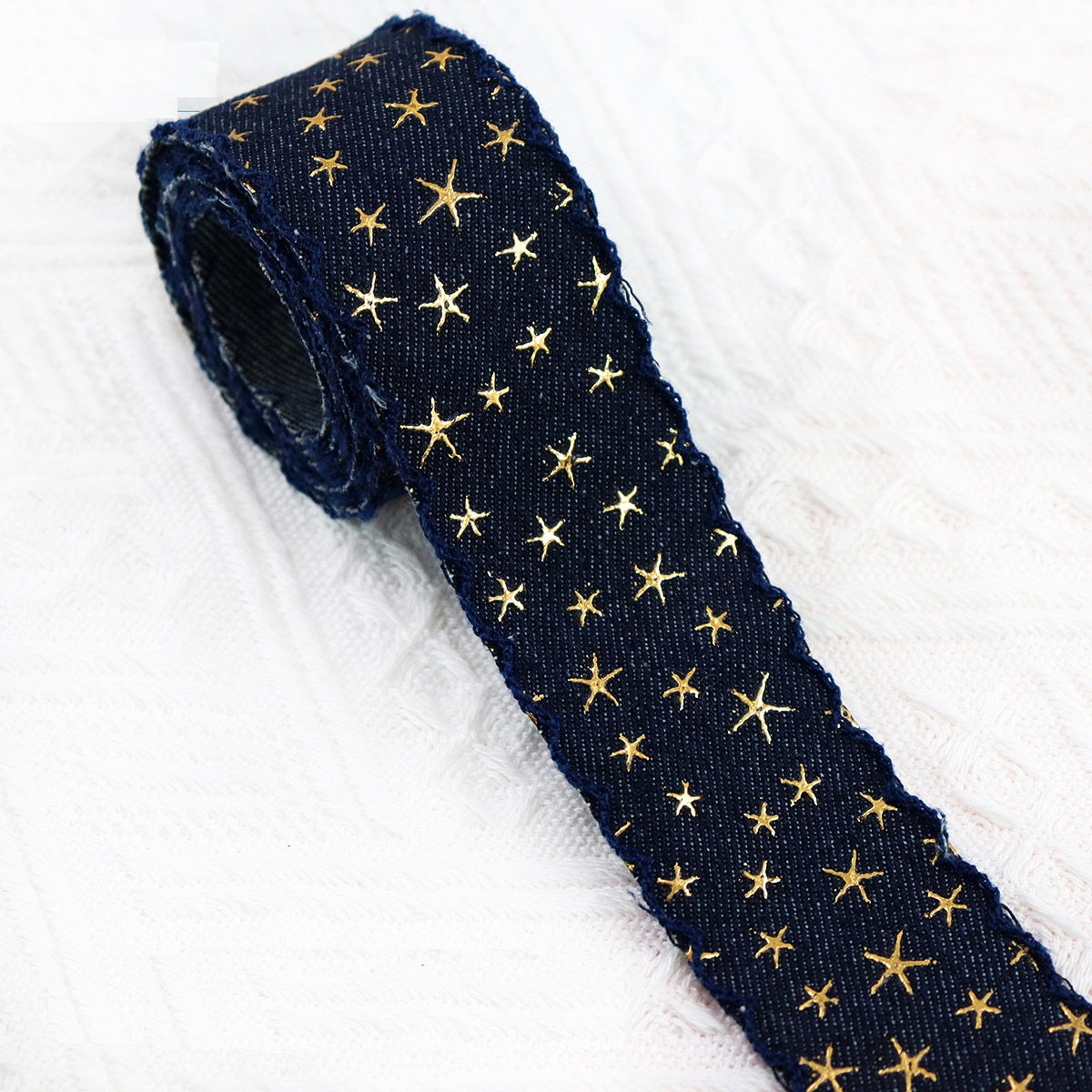 Vintage denim star embroidered ribbon roll, dark navy denim with gold stars