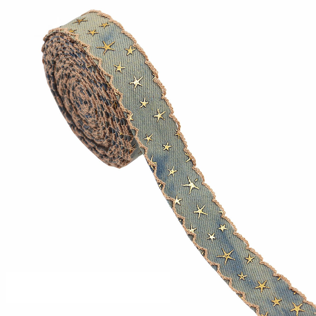 Vintage denim star embroidered ribbon roll, dusty blue with gold star stitching