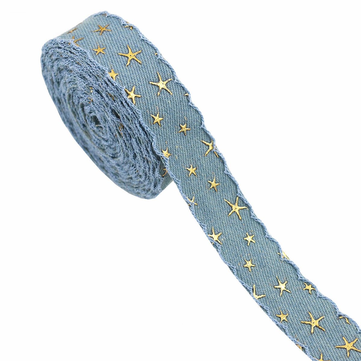 Vintage denim star embroidered ribbon roll, light blue denim with gold star pattern