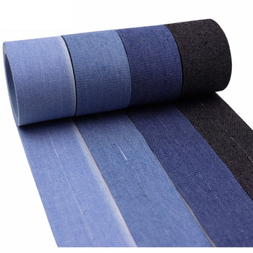 Denim edge binding ribbon bundle: light to dark blue with black accents, 10–40mm