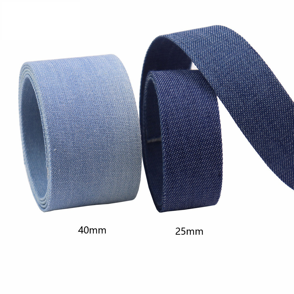 Denim edge binding ribbon, 40mm and 25mm widths in light blue and dark blue