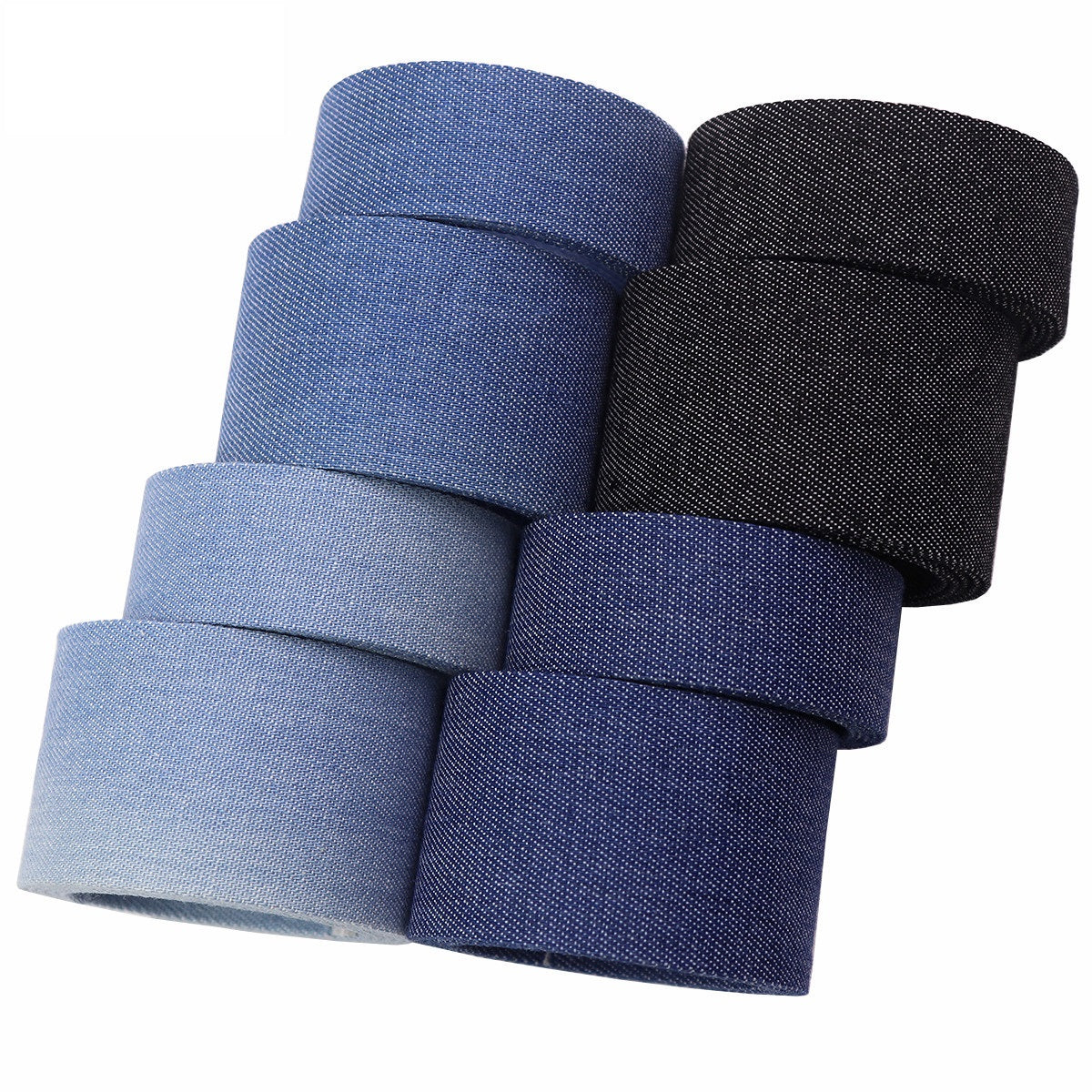 Denim edge binding ribbon rolls in light blue and dark blue with black strip at right