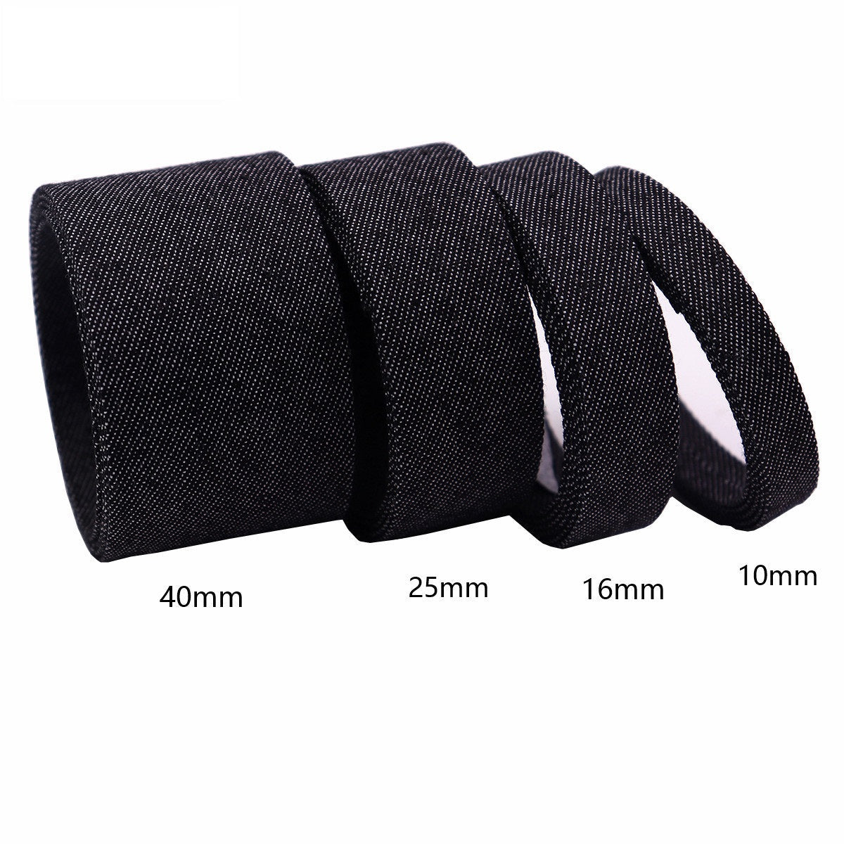 Denim edge binding ribbon widths 40mm, 25mm, 16mm, 10mm in black