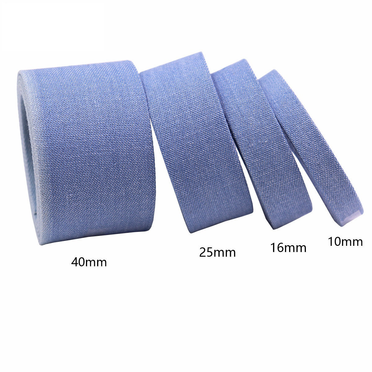 Denim edge binding ribbon widths 40mm, 25mm, 16mm, 10mm in light blue