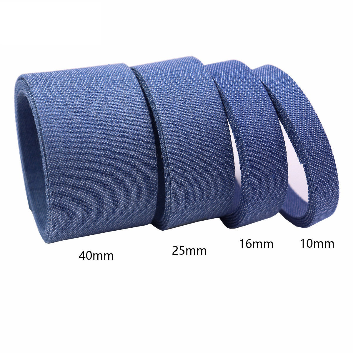 Denim edge binding ribbon widths 40mm, 25mm, 16mm, 10mm in medium blue
