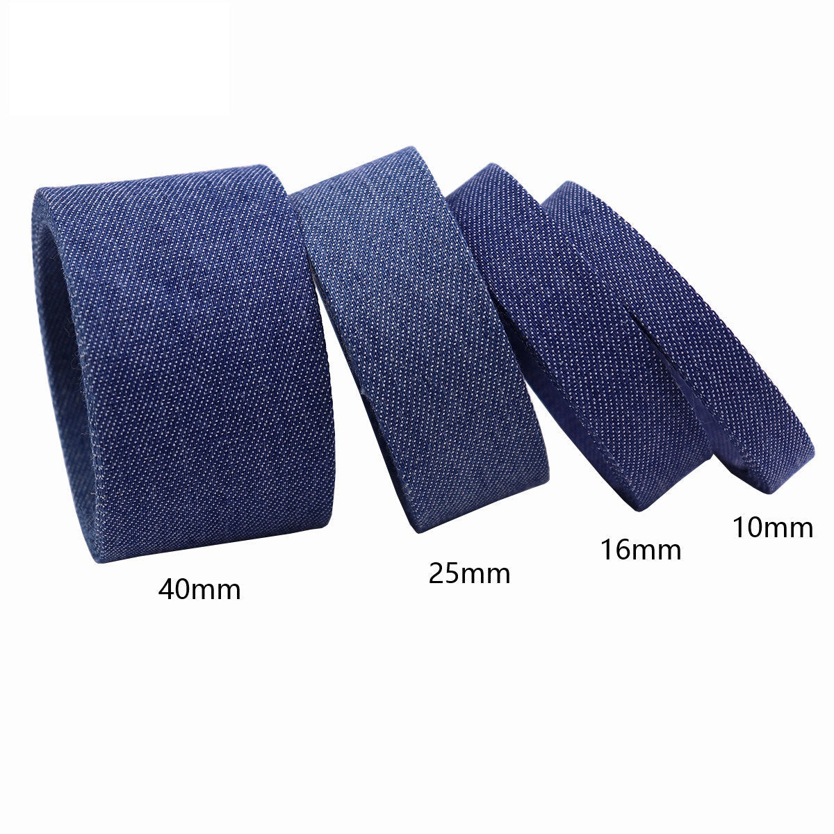 Denim edge binding ribbon widths 40mm, 25mm, 16mm, 10mm in dark blue