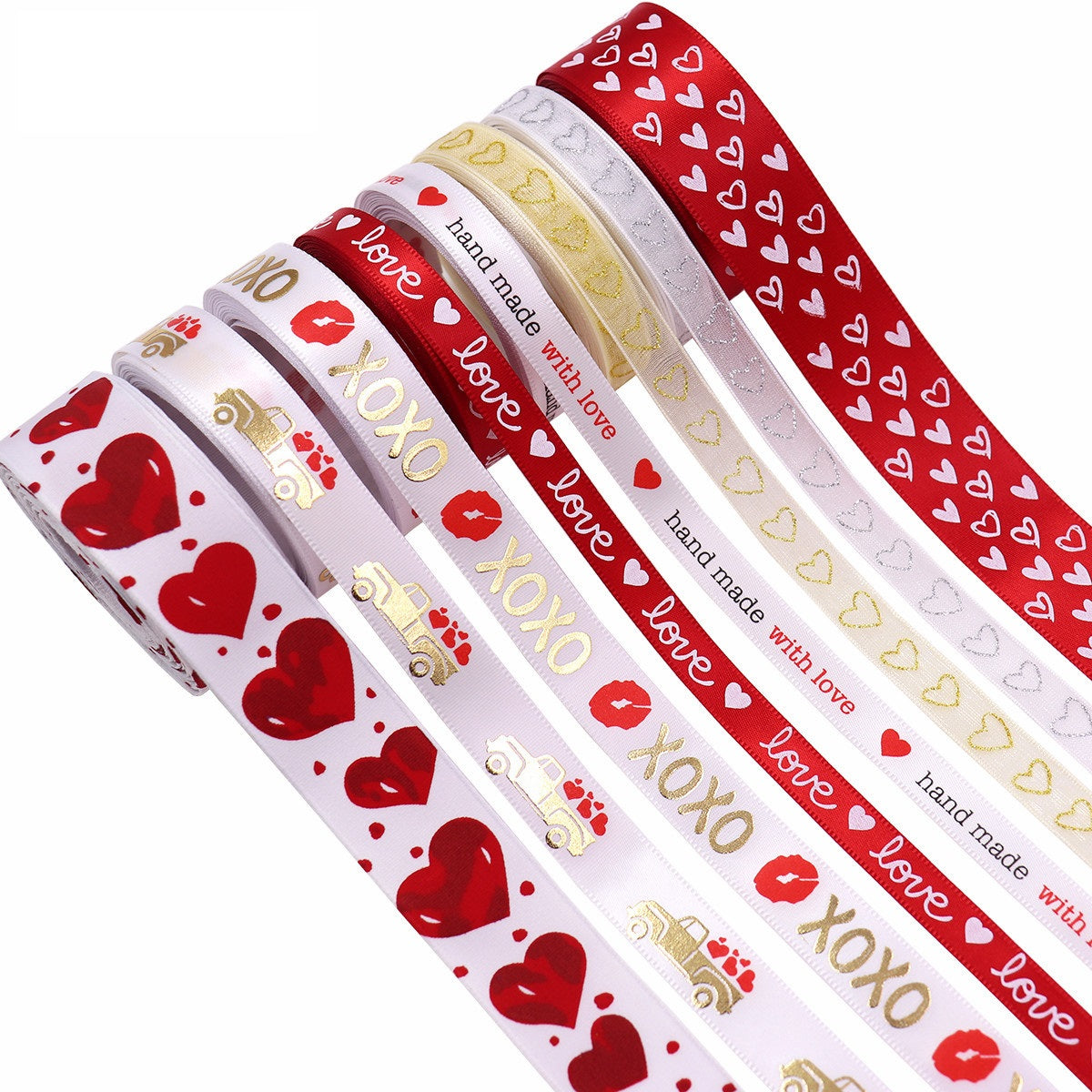 XOXO heart hot stamping ribbon 8-pack, red and white rolls with mixed love designs