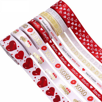 XOXO heart hot stamping ribbon 8-pack, red and white rolls with mixed love designs