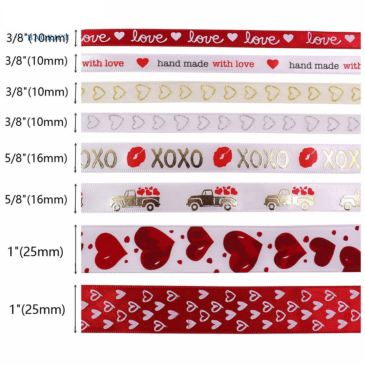 Hot stamping ribbon widths 10mm/16mm/25mm, XOXO and heart patterns with love text