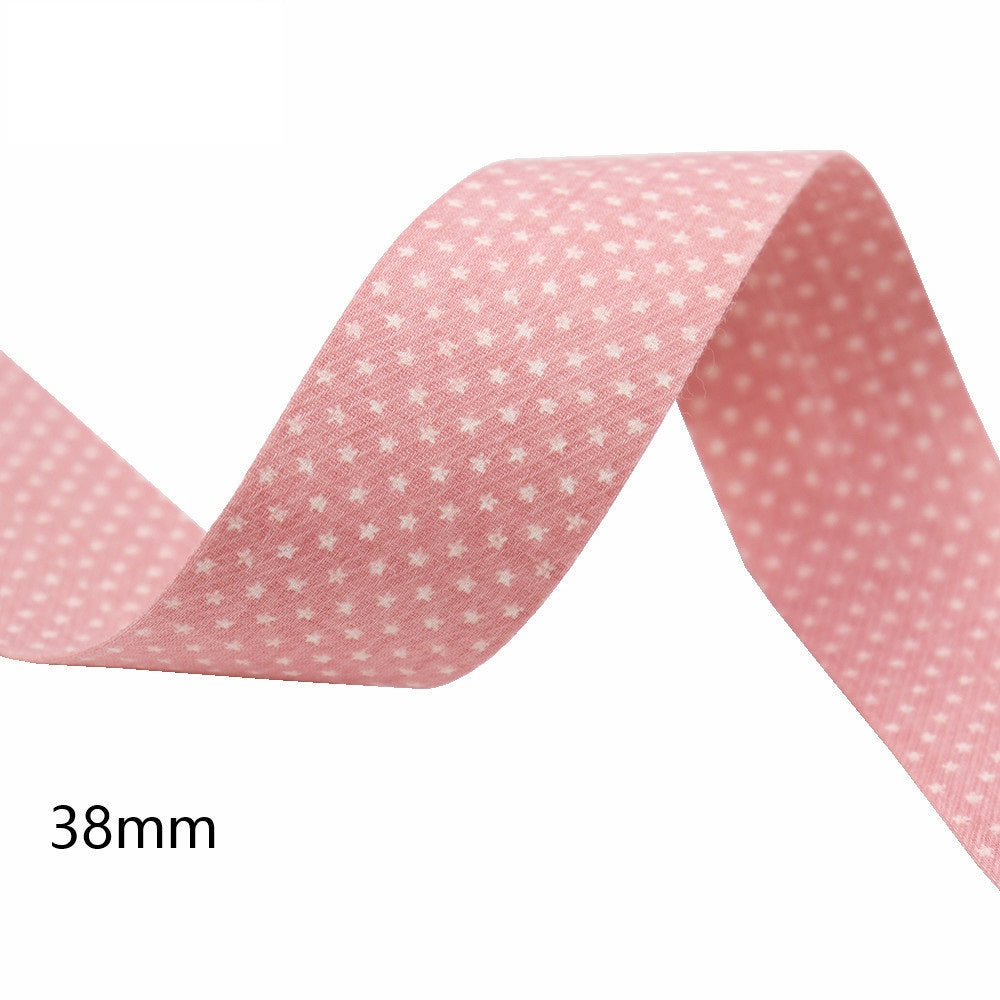 38mm wide star-printed fabric ribbon, pink with small white star pattern