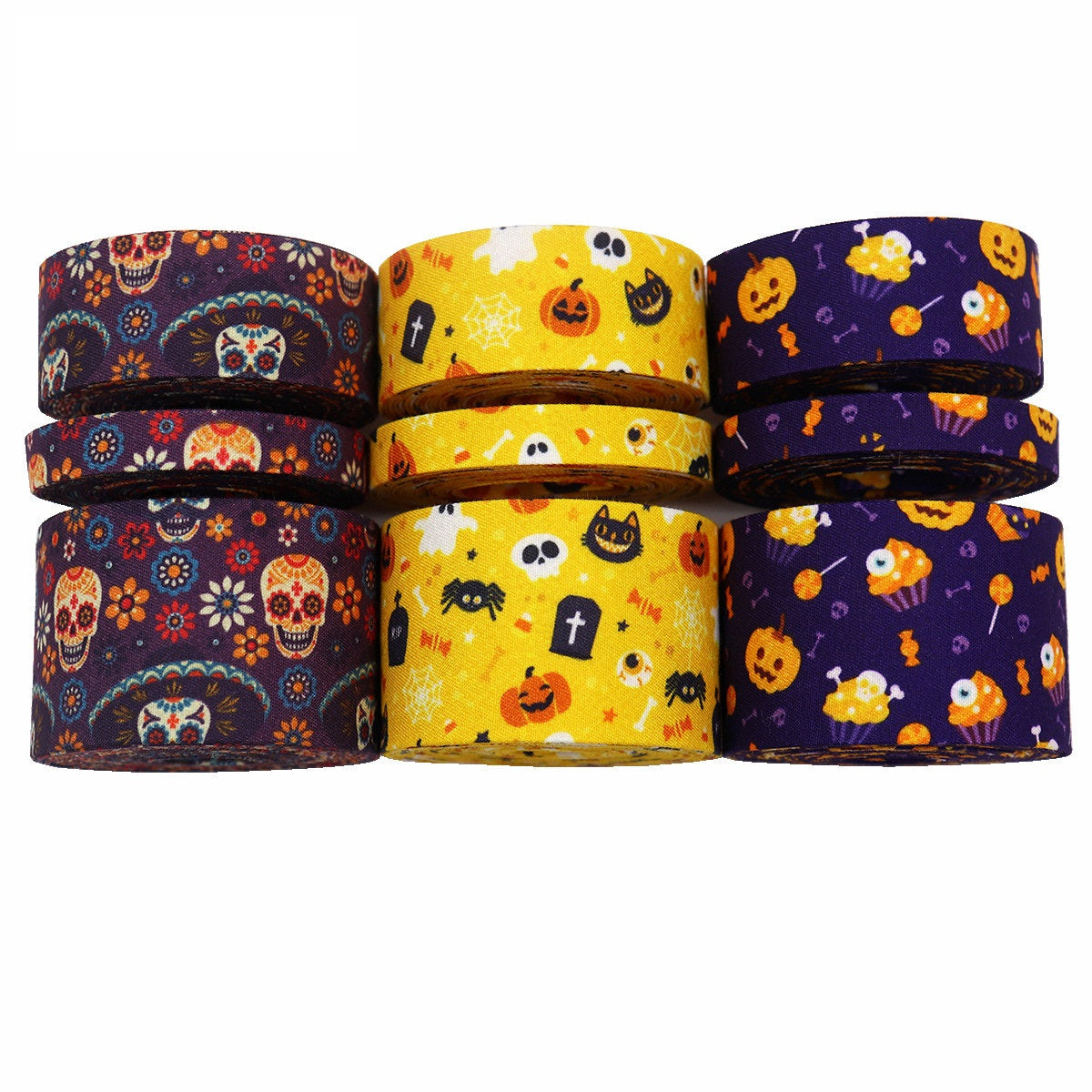 9er Set Halloween-Schrägbänder in Dunkelblau, Gelb und Orange mit Kürbis- und Spinnenprints