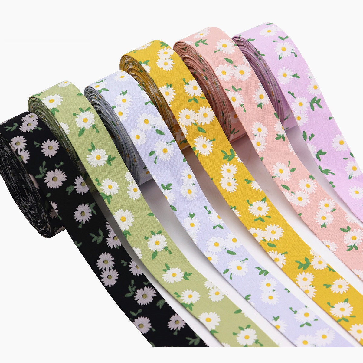 Blumenbedrucktes Stoffband-Set, mehrere Rollen in Gelb, Rosa, Lila, Grün und Schwarz