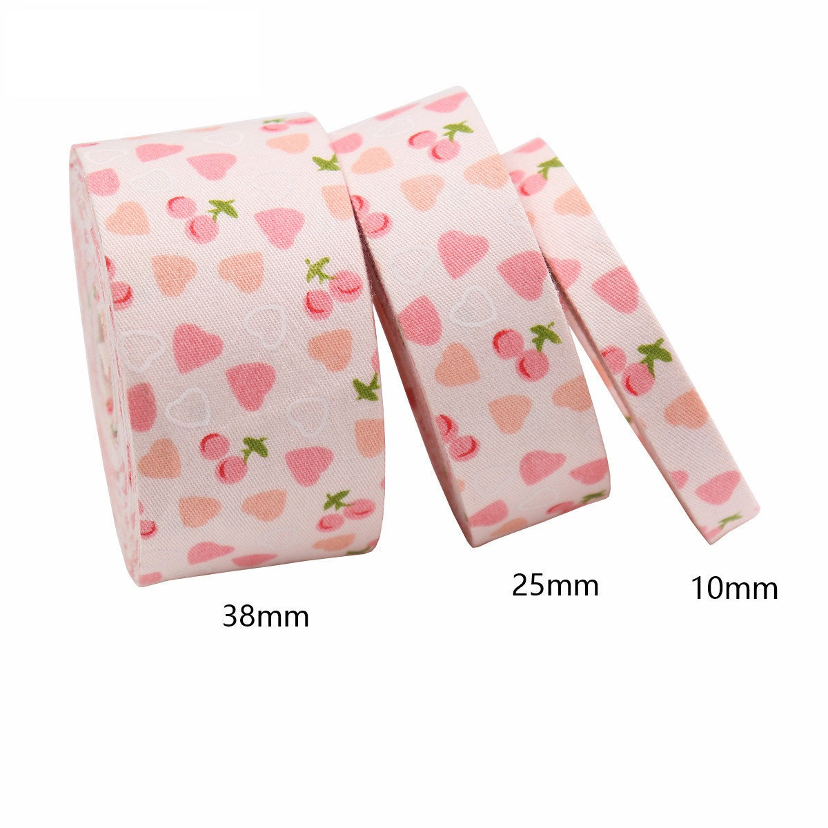 Pink cherry-and-heart bias tape ribbon set showing widths 38mm, 25mm, 10mm