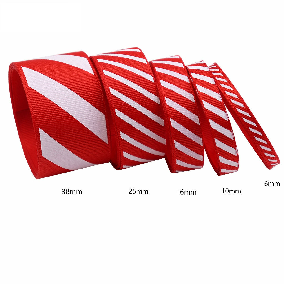 Christmas red and white striped ribbed ribbon, multiple widths (6–38mm) on rolls